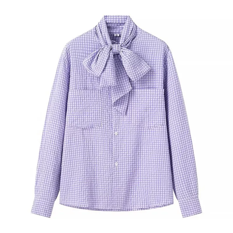 Simple Solid Women Shirt Bow Collar Long Sleeved Blouses Loose Office Lady Casual Daily Spring Summer High Street Clothes