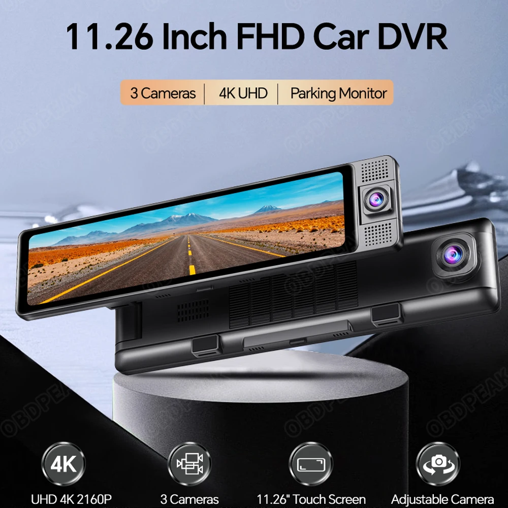 11.26 Inch Car Dash Cam 2K UHD Rearview Mirror 3 Cameras Front/Cabin/Rear Camera GPS Tracker 24h Parking Monitor Night Vission