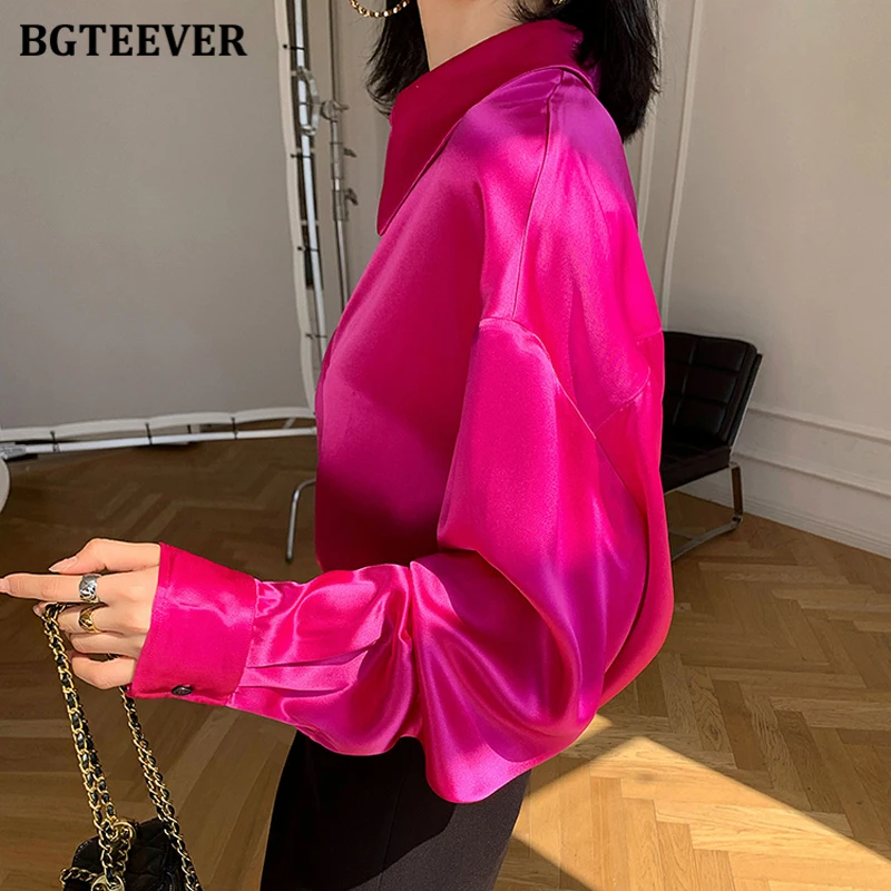 BGTEEVER Stylish Single-breasted Female Satin Blouses Tops Long Sleeve Loose Solid Women Shirts Spring Ladies Blusas