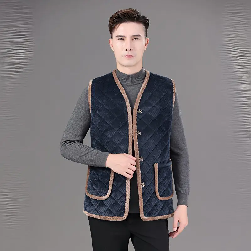 Men's Fleece Waistcoat Male Vintage Keep Warm Fleece Vest 2025 New Autumn Winter Dad's Thick And Warm Cotton Vest Outwear Coat