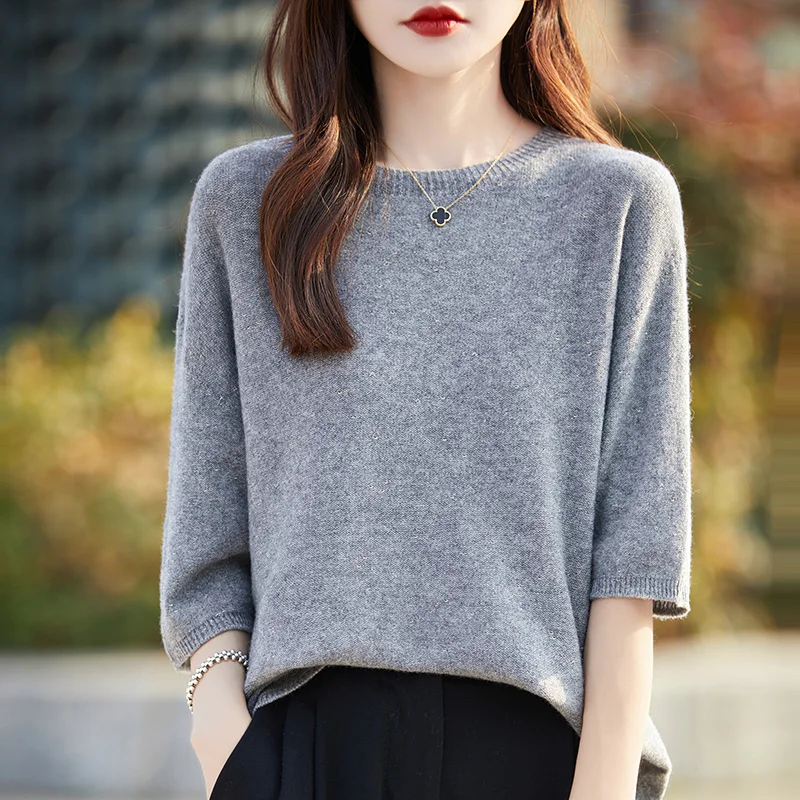 Female 2024 Spring Summer Pure Wool Cashmere Sweater Women\'s Round Neck Gold Bean Yarn Knitted Short Sleeve Loose Soft T-Shirts