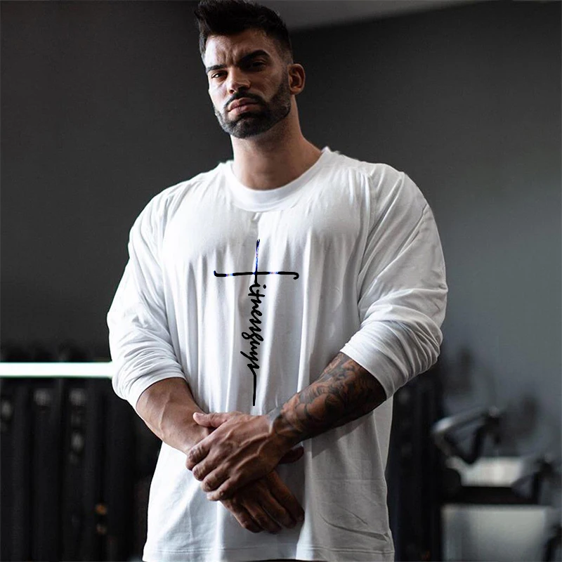 

Autumn Oversized Long Sleeves T-shirt Men Cotton Loose Sports Street Fashion Unisex Clothing Gym Fitness Bodybuilding Tee Shirt