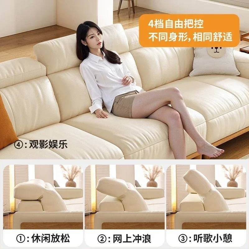 Tofu cubes Japanese solid wood cream log wind living room small apartment bag adjustable leather sofa