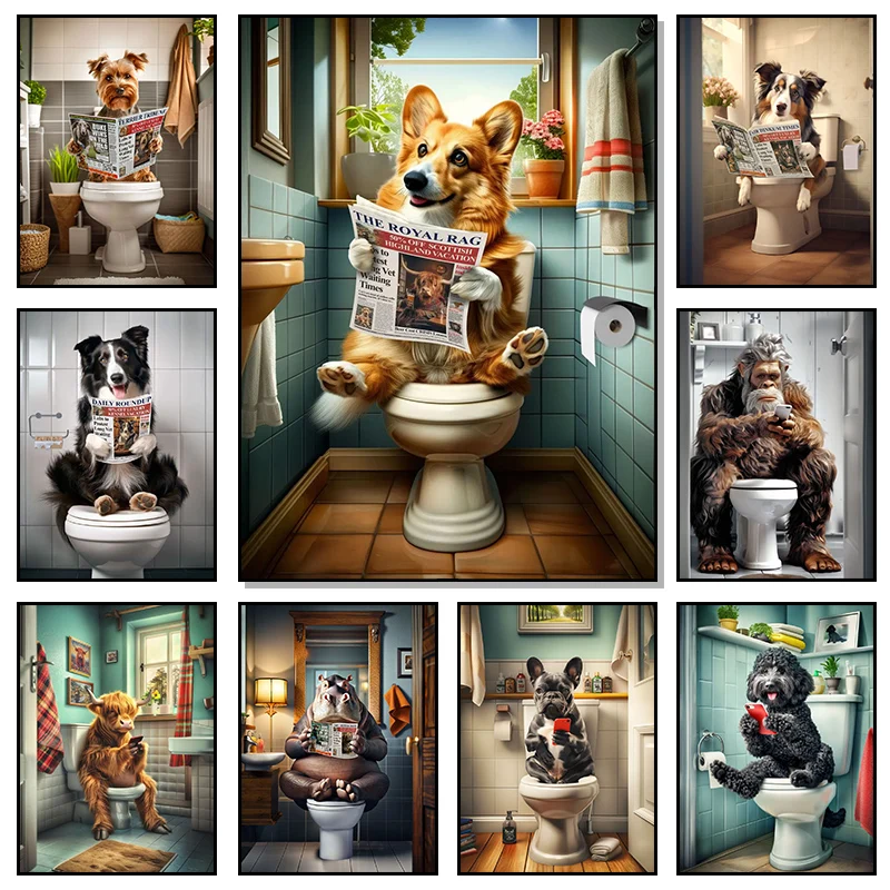 Cat Dog Highland Cow Bigfoot Sitting on Toilet Reading Newspaper Poster Animal Print Diamond Painting Funny Bathroom Wall Deco