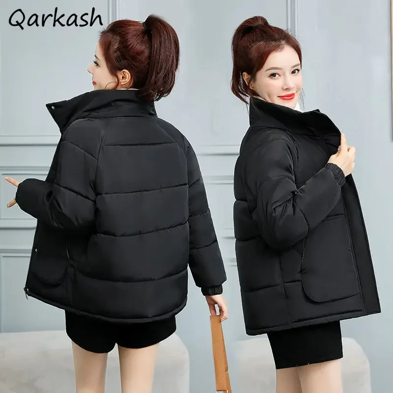 Kurze Parkas Frauen S-3XL Gestellte Winter Reine Kleidung Koreanische Mode Weiche Breite taille Oberbekleidung Casual Taschen Warme