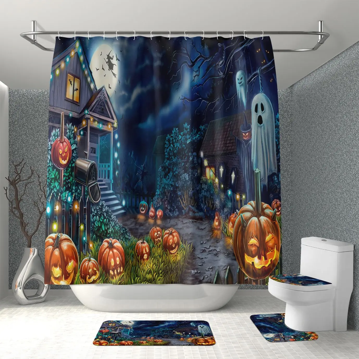 Horror Halloween Shower Curtain Scary Pumpkin Lantern Waterproof Bathroom Decor Shower Curtain Set with Hook Fabric Bath Curtain