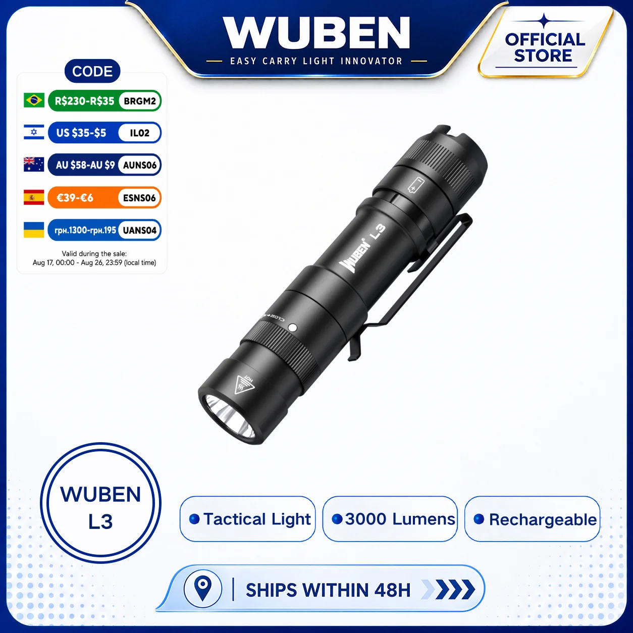 WUBEN L3 Flashlights High Lumens, 3000 Lumen Tactical Flashlight Rechargeable, Dual-Way Charging 7 Light Mode, IP68 Waterproof