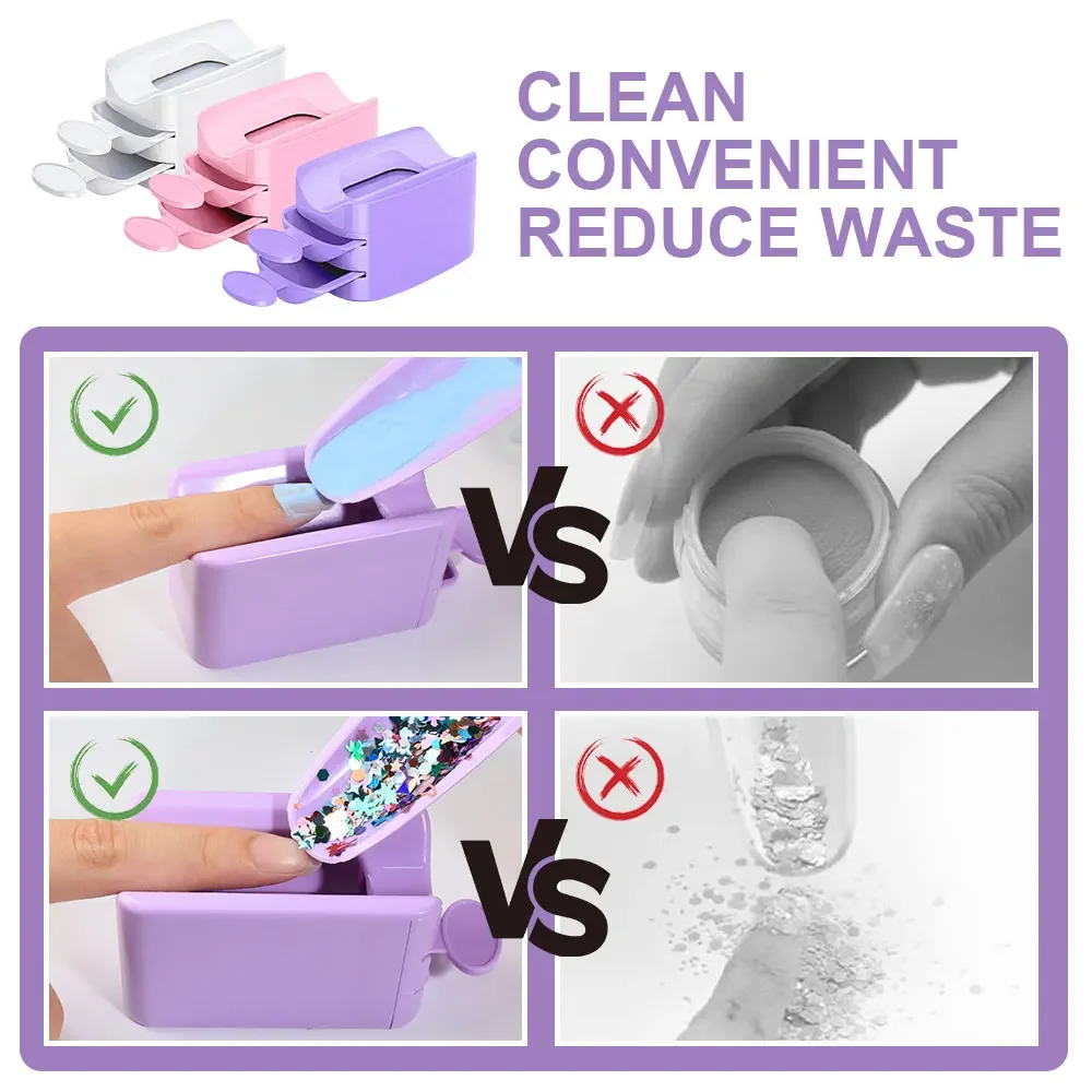 Kit di scatole di immagazzinaggio per accessori per polvere per nail art per unghie Scatola di immagazzinaggio tipo cassetto per polvere con strass glitterati con pennello e imbuto