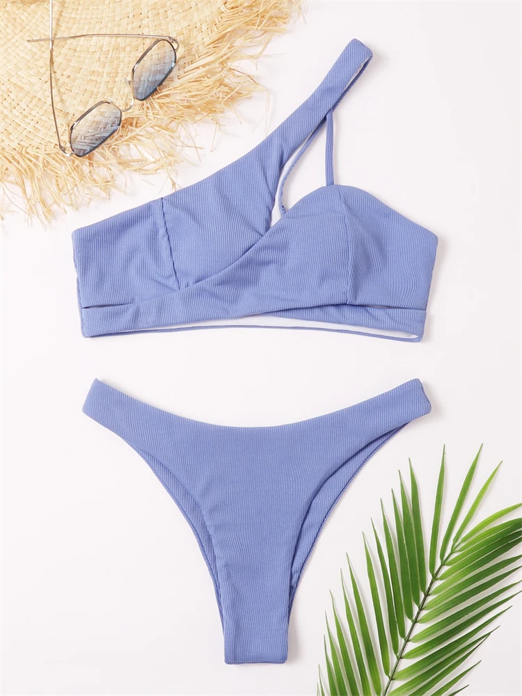 Bikini Swimwear Women Swimsuit 2024 New Solid Ribbed Thong Bikinis Set Sexy One Shoulder Summer Beach Wear Bathing Suit Female