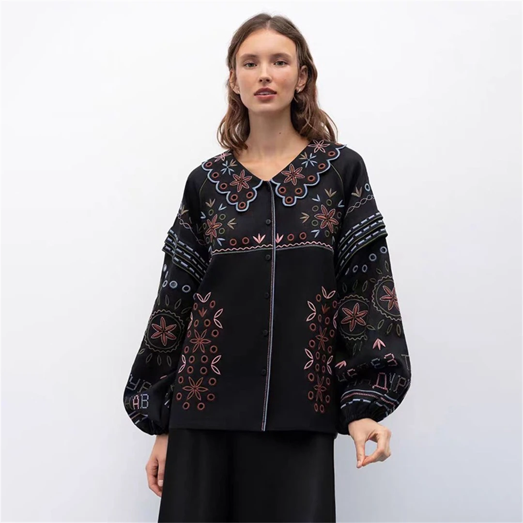 

Etno Handmade Embroidery Shirt French Style Loose Fit Cotton Long Sleeve Breathable Skin-Friendly Spring 2026 Women's Shirt