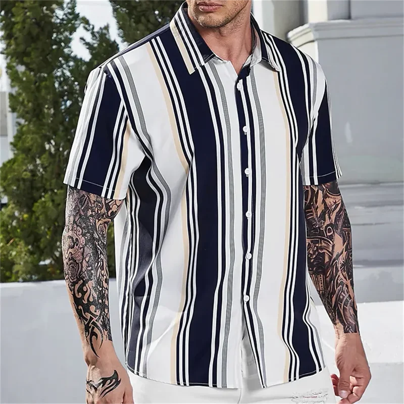 Hawaii Shirts For Men Summer Casusal Striped Print Shirt Short Sleeve Oversized Street Mens Designer Clothing Camisas De Hombre