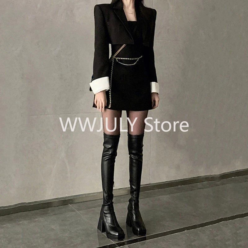 2024 New Vintage Black Two Piece Dress Women Casual Short Coat + Slim Y2k Mini Dress Party Korean Fashion Suit Office Lady