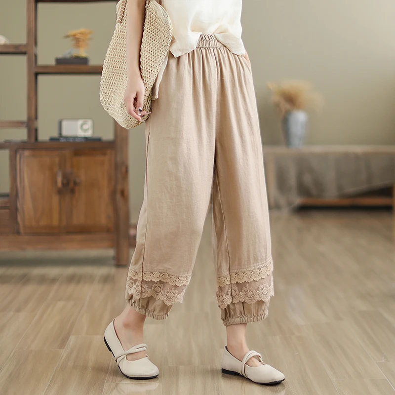 New Arrival Summer Arts Style Women Lace Patchwork Cotton Linen Ankle-length Pants Casual Loose Elastic Waist Harem Pants S149