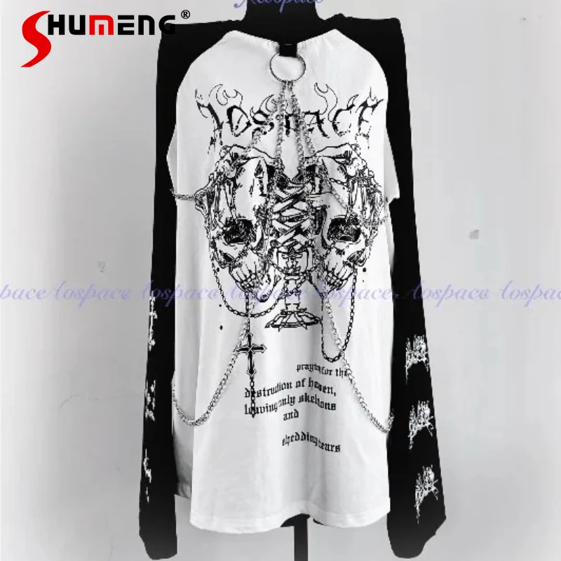 

Special Design Skull Print Chain Versatile Raglan Dark Gothic Long Sleeves T-shirt Y2k Cool Clothes Japanese Lolita Style Tshirt
