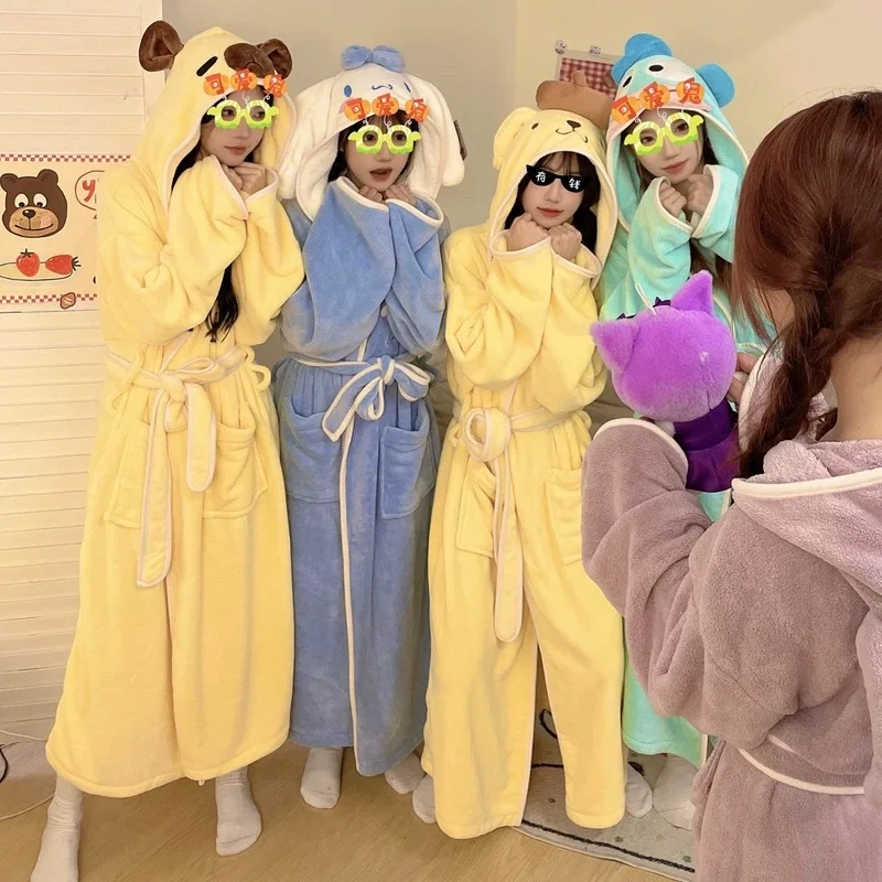 Sanrio Series Nightgown Melody Kuromi Cinnamoroll Cartoon Patterns Coral Fleece Autumn And Winter Cute Bathrobe Lovers Pajamas