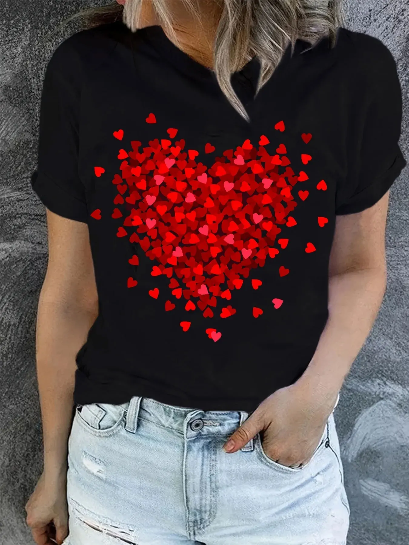 Heart Print T-Shirt For Valentine's Day Gifts, Crew Neck Short Sleeve T-Shirt, Casual Every Day Tops, Women's Fashion Clothing
