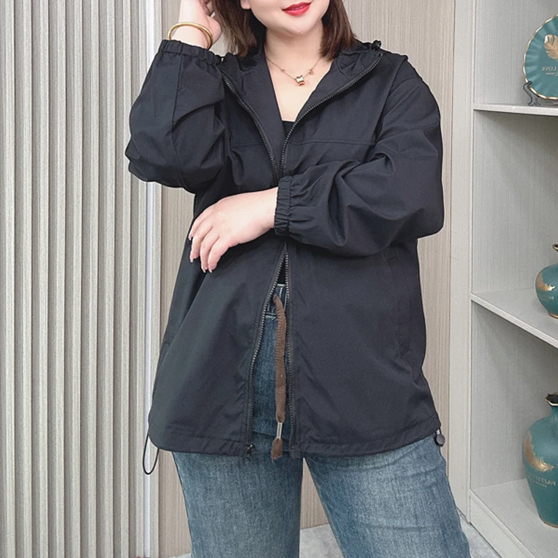 Fall 2024 Hooded Outdoor Jacket Women Plus Size Loose Simple Casual Zipper Trench Coat 6857