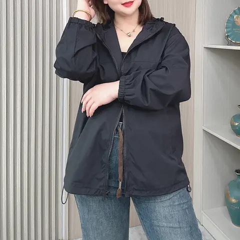 여성용 후드 야외 재킷, 플러스 사이즈 루즈 심플 캐주얼 지퍼 트렌치 코트, 6857 가을 2024