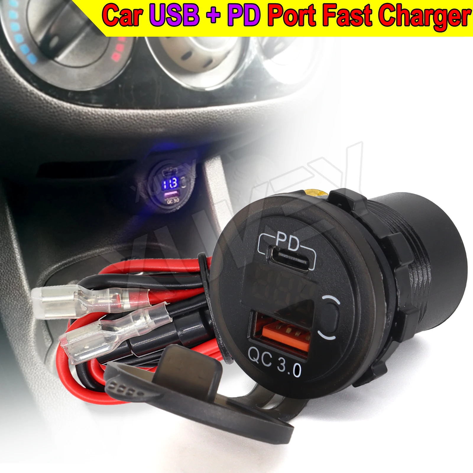 For Car Van RV Truck Boat 12V QC3.0 Car Charger PD Type-C USB Charger Power Supply Outlet Adapter 12-24V Voltage Display W/ Lid