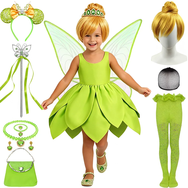 Luxury Kids Green Fairy Elf Girls Outfit Halloween Cosplay Tinker Bell Themed Party Children's Costume Christmas Toddler Clothes