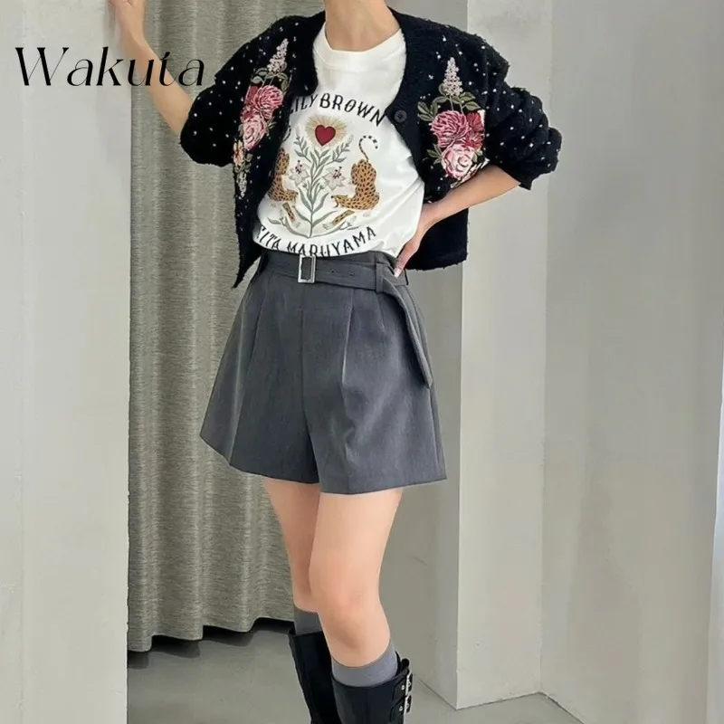 WAKUTA French Retro High-waisted A-line Casual Shorts Temperament Fall with Belt Simple Commuter Shorts صور جنسيه مثيره دون حجب