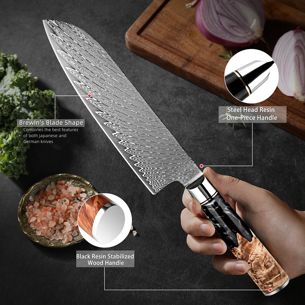 

Japanese Chef Knife 7 Inch Kitchen Knife Sharp Santoku Knife Damascus Steel Kitchen Slicing Knife Black Resin & Wooden Handle