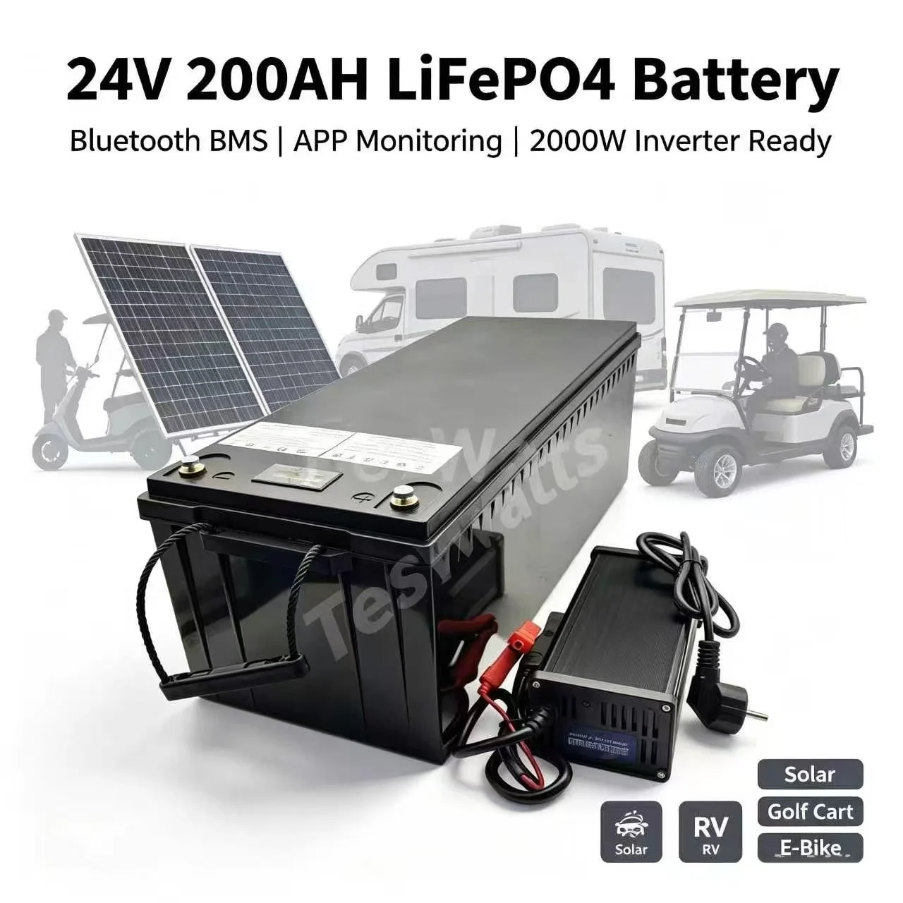 24V 200AH lifepo4 lithium Battery with bluetooth BMS APP for 2000W Inverter Solar RV golf cart Two-wheeled ele small vehicle