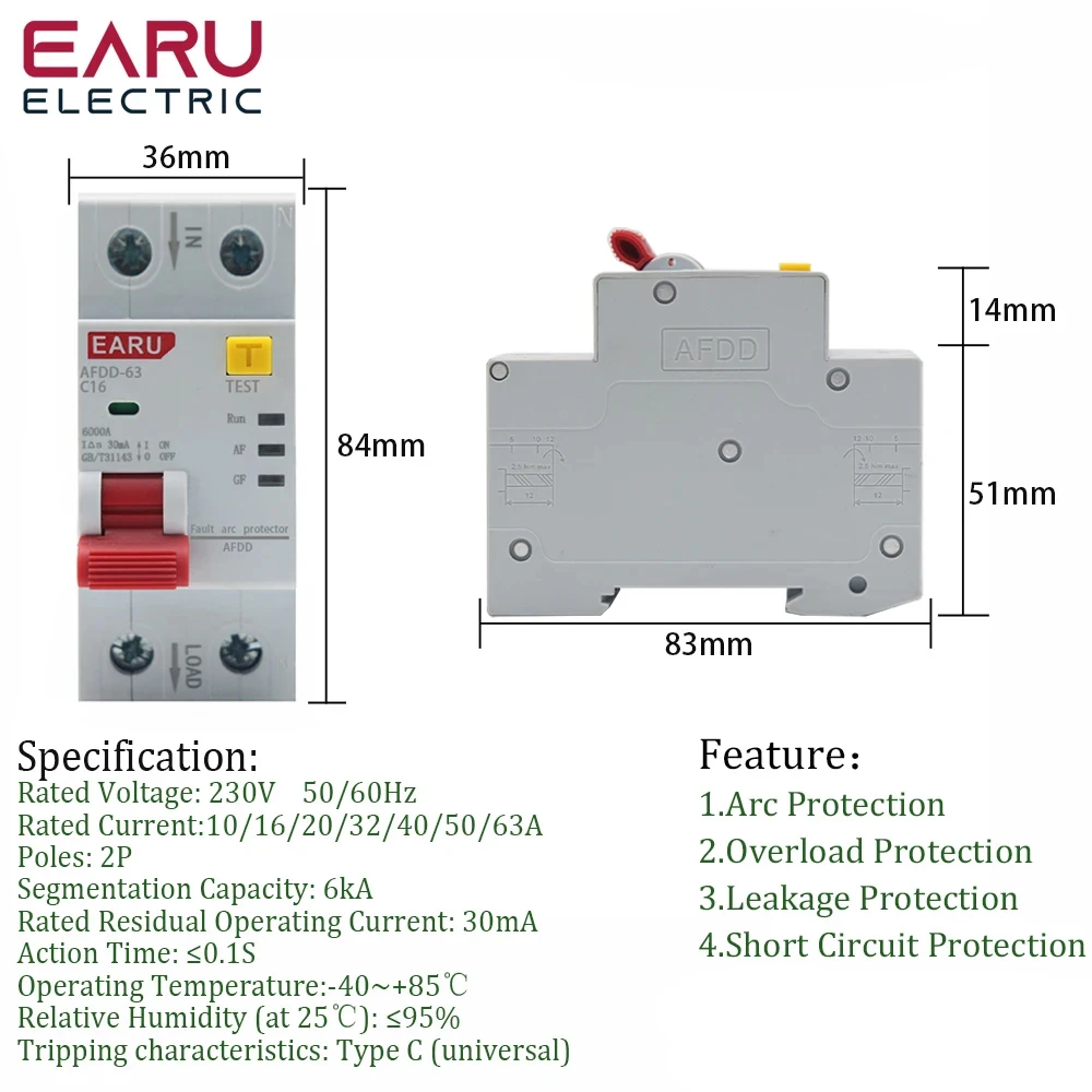 2P AFDD-63 AFCI Arc Fault Protector Device RCBO Circuit Breaker Interrupted Overload Earth Leakage Short Circuit Protection