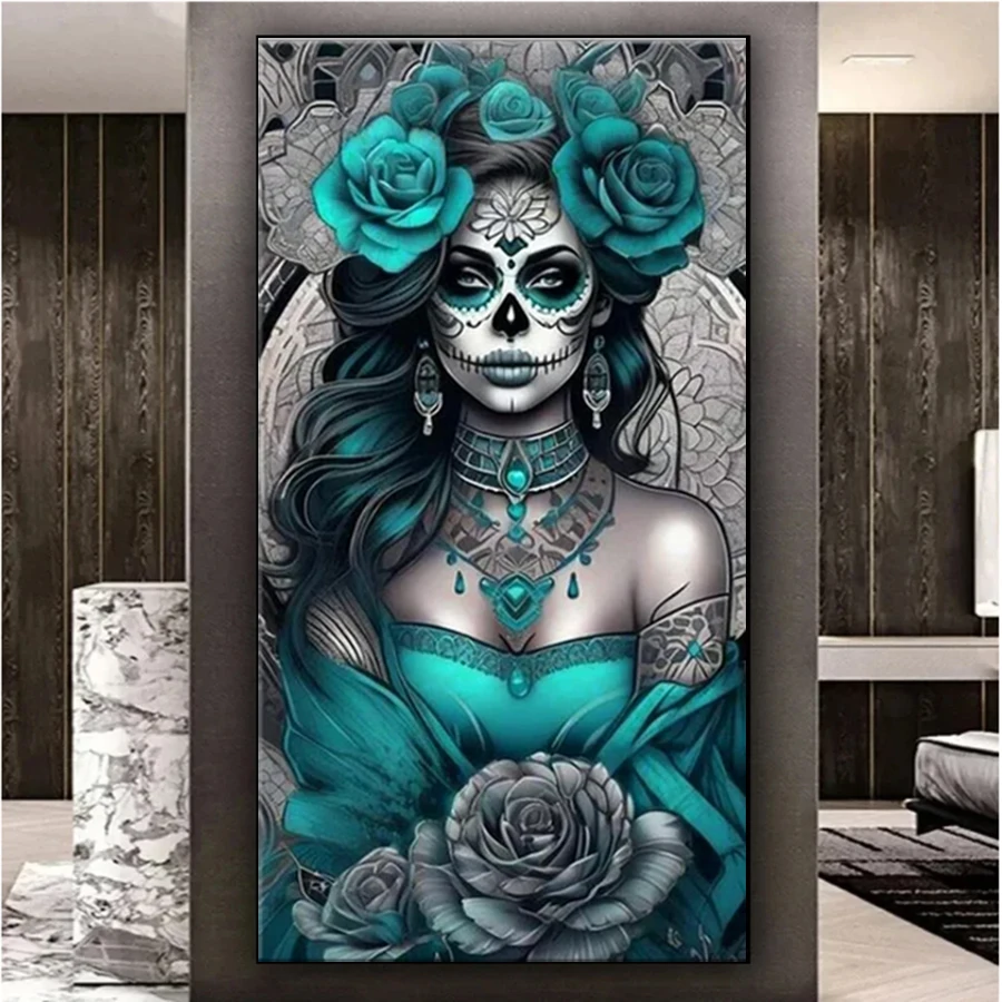 Kits de peinture artistique diamant 5D à faire soi-même, femme tatouée bleue, crâne du jour des morts mexicain, perceuse carrée ou ronde, mosaïque, décoration murale