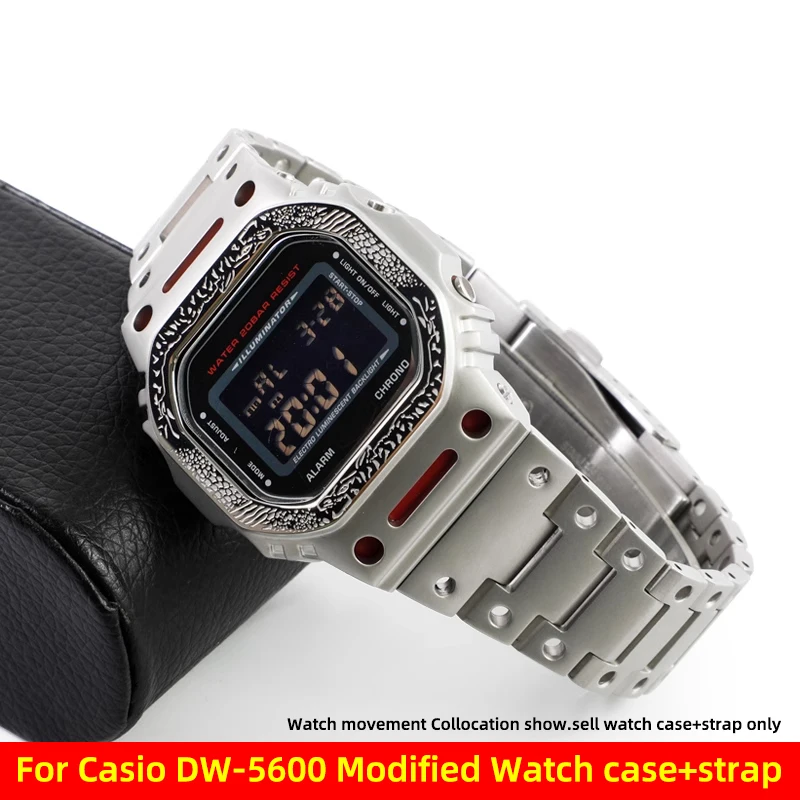 카시오 스몰 스퀘어 DW5600 DW-5600 GW-M5610 GW-B5600 남성용 릴리프 메카 케이스 + 스테인레스 스틸 시계 스트랩 용 수정 금속 슈트