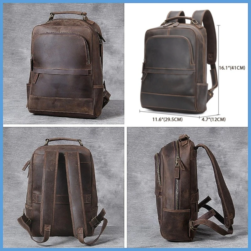 

Vintage Crazy Horse Genuine Leather Backpack for Men, 14 Inch Laptop Bagpack, School Travel Rucksack Mochila