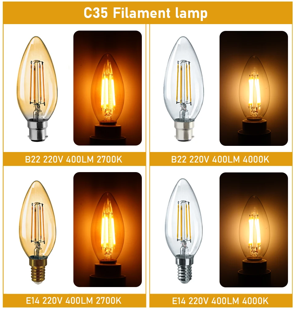 Lâmpada de filamento de vidro LED Edison, luz de vela Vintage, C35, G45, A60, ST64, G80, G95, G125, E27, E14, B22, 220V CA