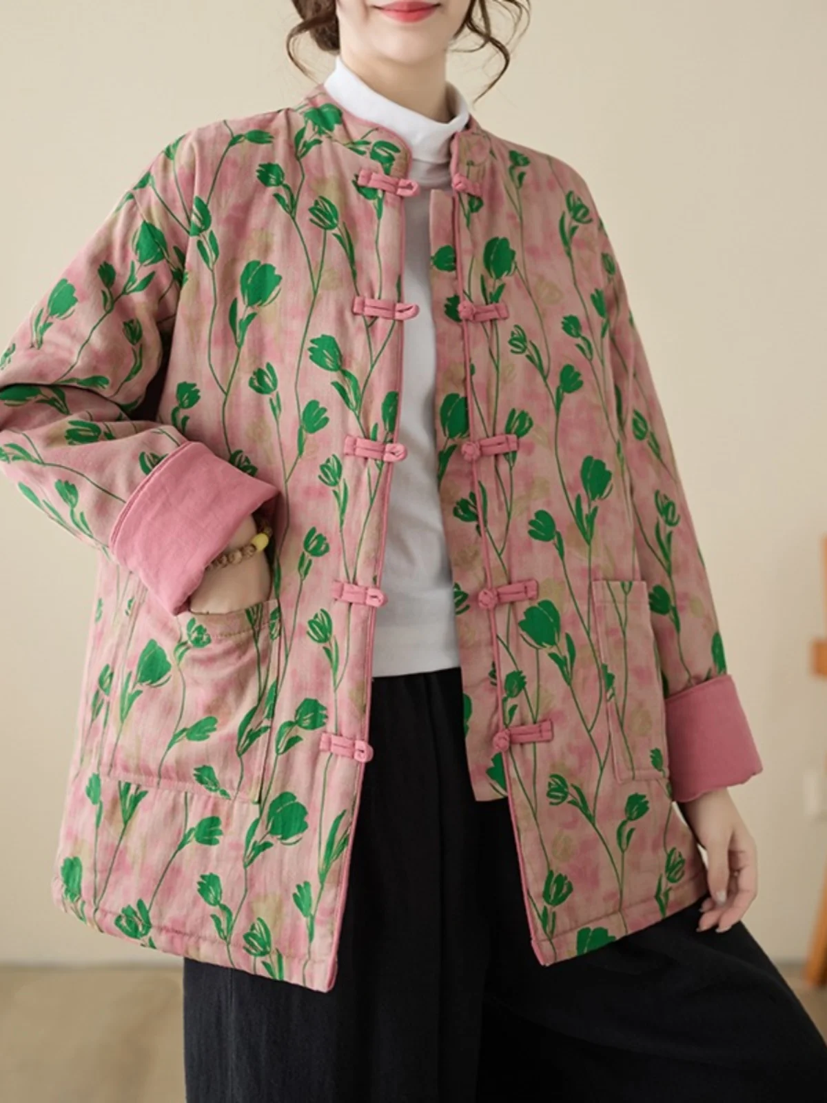 

Thiened Cotton Jaet Women's Autumn Winter Retro Print Tang Costume Coat Stand Collar Button up Long Sve Warm Outerwear