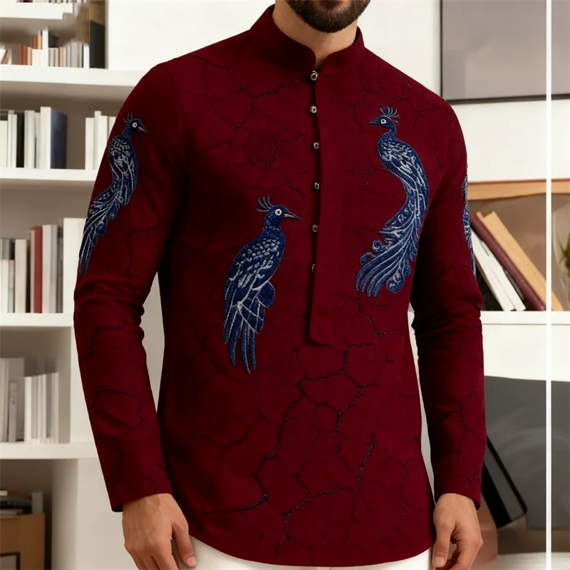 

Новая мужская модная рубашка с длинными рукавами и семью пуговицами, повседневная рубашка с 3D принтом павлина, высококачественный удобный тканевый топ