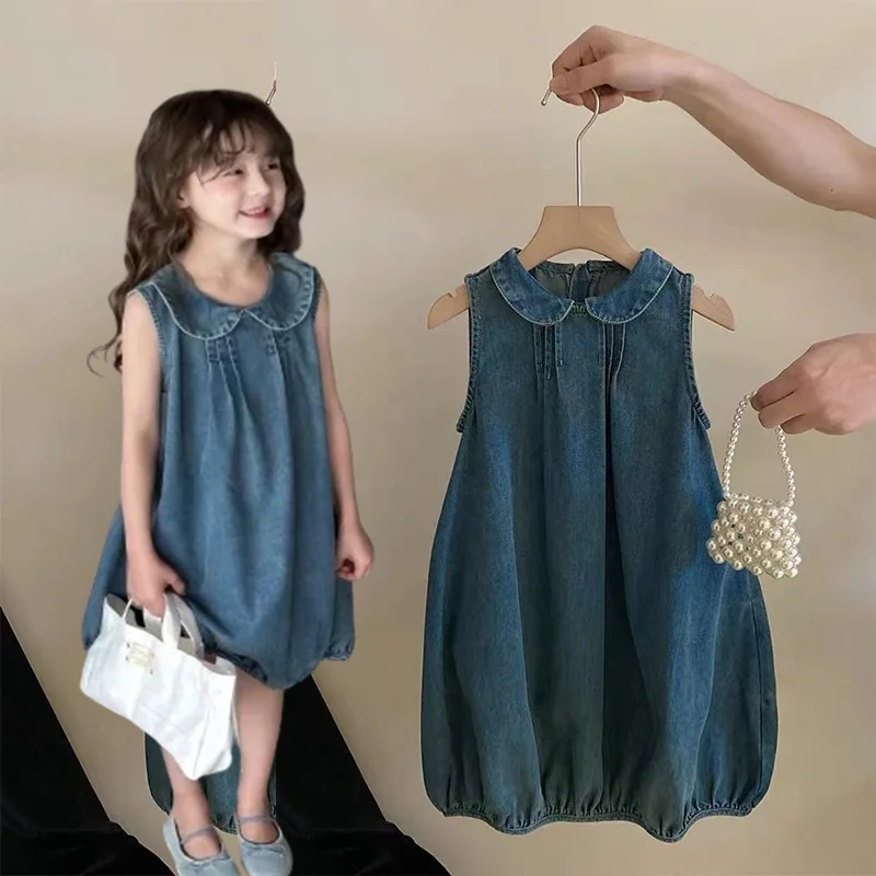 

XH-Summer Girl's Denim Dress2024New Western Style Doll Collar Vest Dress Summer Children's Skirt Summer Trendy