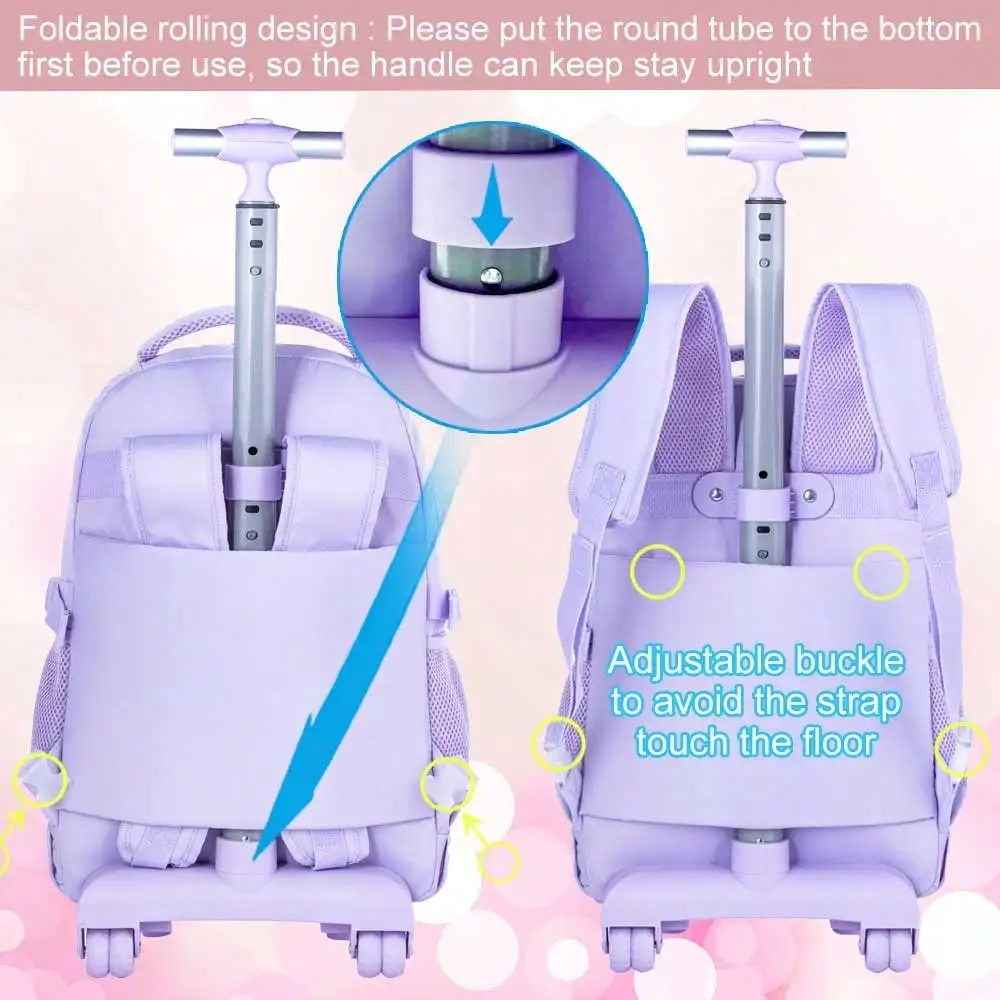 3PCS Girls Rolling Backpack, Roller Bookbag With Lunch Box, Water Resistant Wheeled School Bag For College Teens Kids Travel - Purple