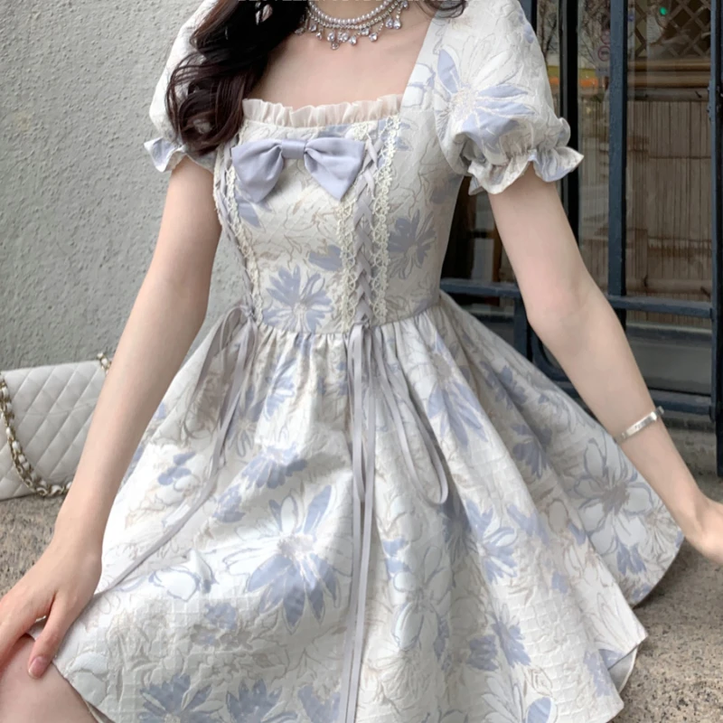 Sweet Lolita Style Princess Dress Women Elegant Square Collar Bow Puff Sleeve Party Mini Dresses Girls Korean Kawaii Print Dress