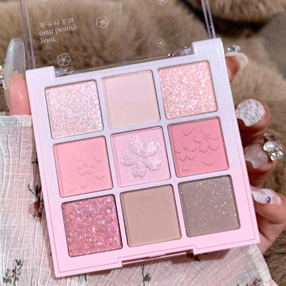 Pink Sakura 9-Farben-Lidschatten-Palette, matt, niedrige Farbsättigung, rosa, braun, Nude-Make-up, perlmuttartig, feiner Glitzer, Augenpigmente, Kosmetik