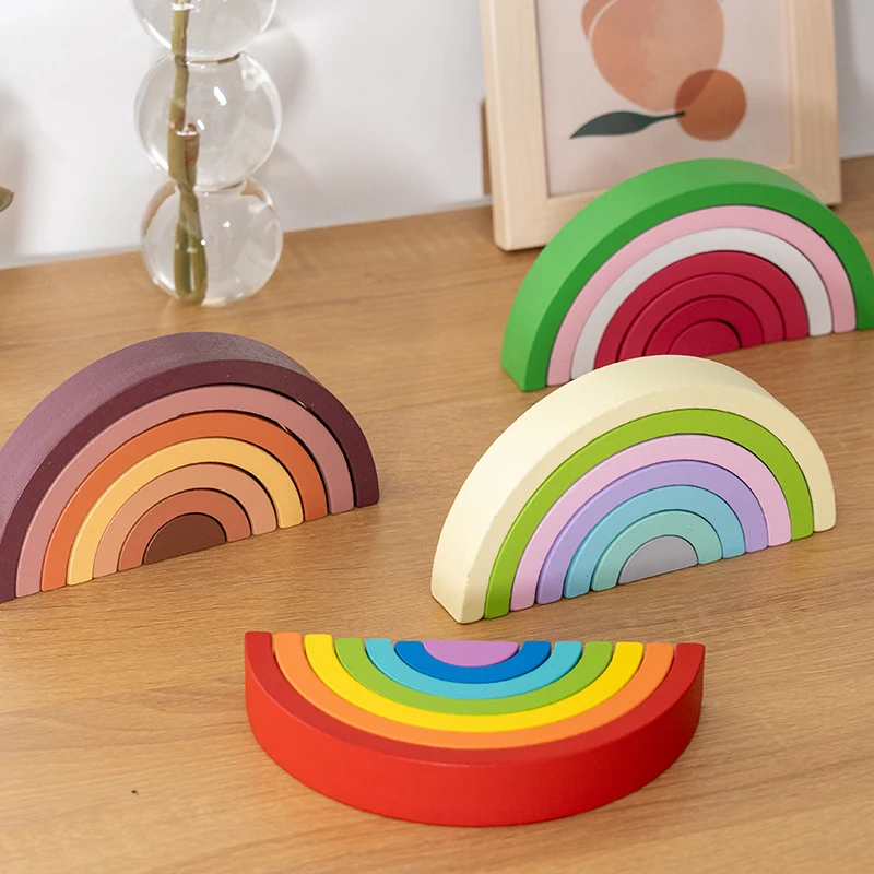 Arch Bridge Rainbow Wooden Building Blocks Stacking Games Color Cognitive Kids Montessori Educational Wood Toys for Children