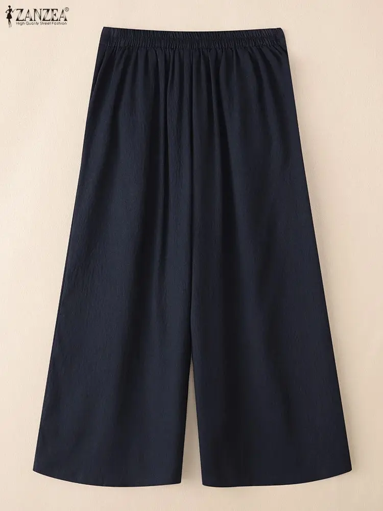 ZANZEA Pantaloni da donna a gamba larga con trama increspata 2025 Pantaloni a metà polpaccio in vita elastica autunnale tinta unita Abbigliamento casual quotidiano