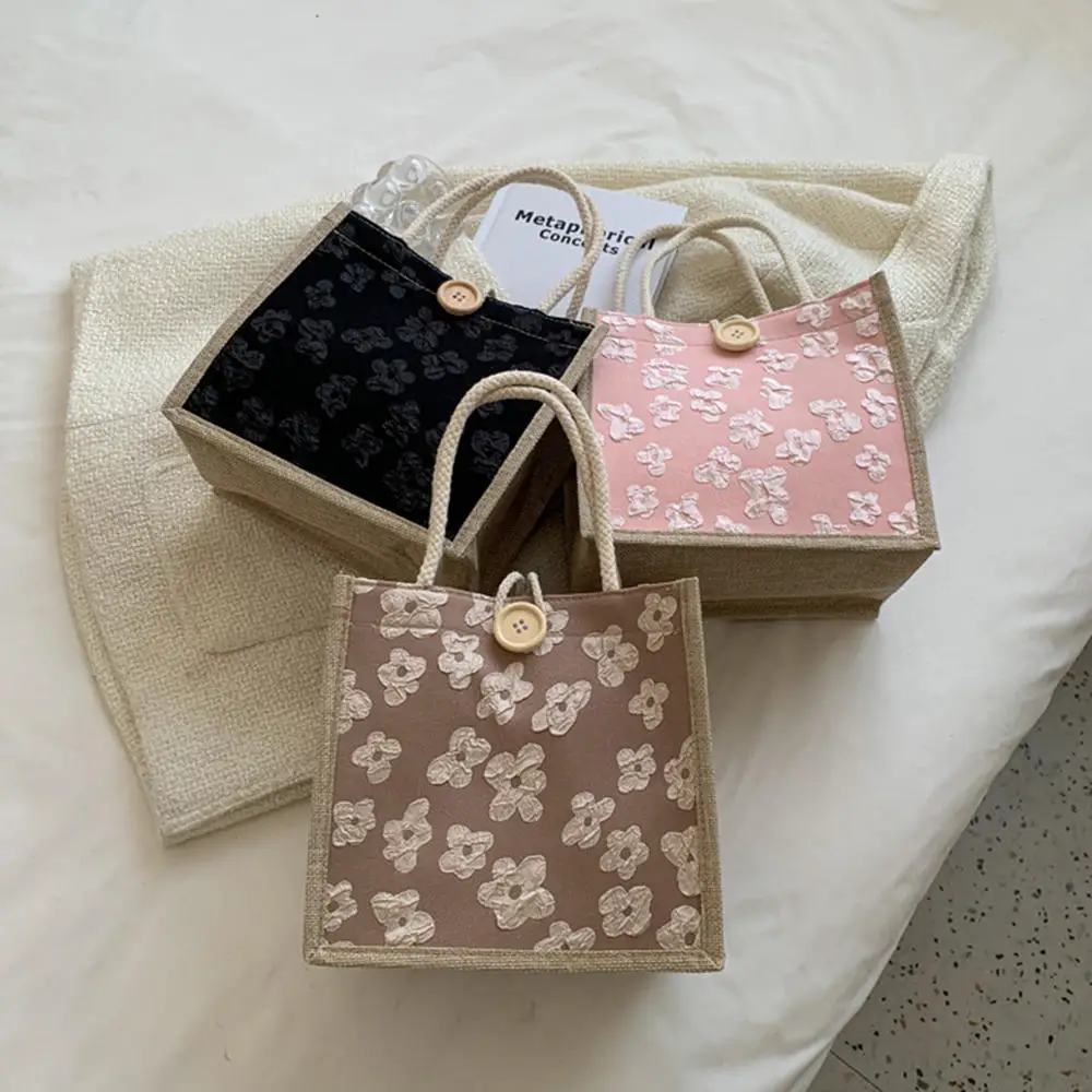 Bolso de mano con botón de lino para mujer, bolsa de comestibles de gran capacidad, bolso informal, organizador de playa, bolsa de compras ecológica portátil