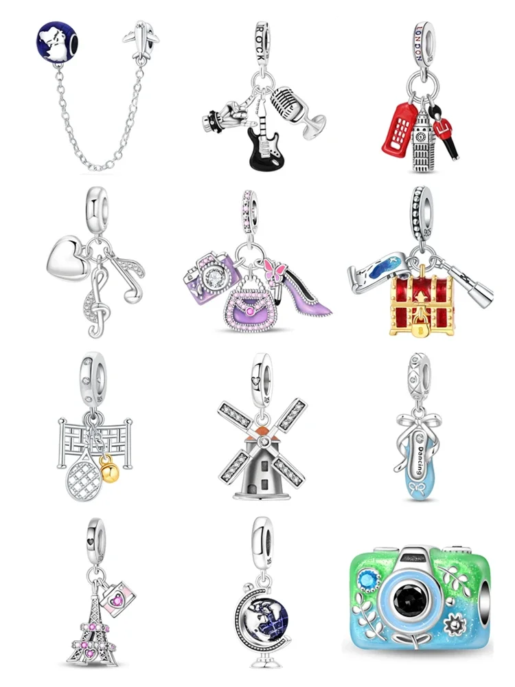 925 Sterling Silver Charms Bead World Trip Fit Original Bracelet Bag Keychain Earring Charm Bead Pendant Diy Women Jewelry Gift