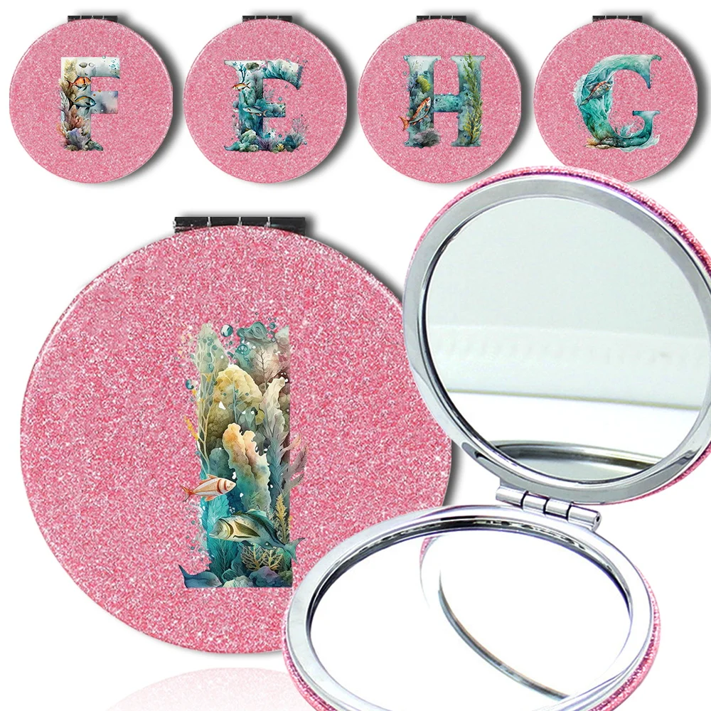 Compact Bling Makeup Pocket Mirror Folding Double-Sided Leather Cosmetic Mirror Magnify Portable Beauty Tool Fish Letter Pattern