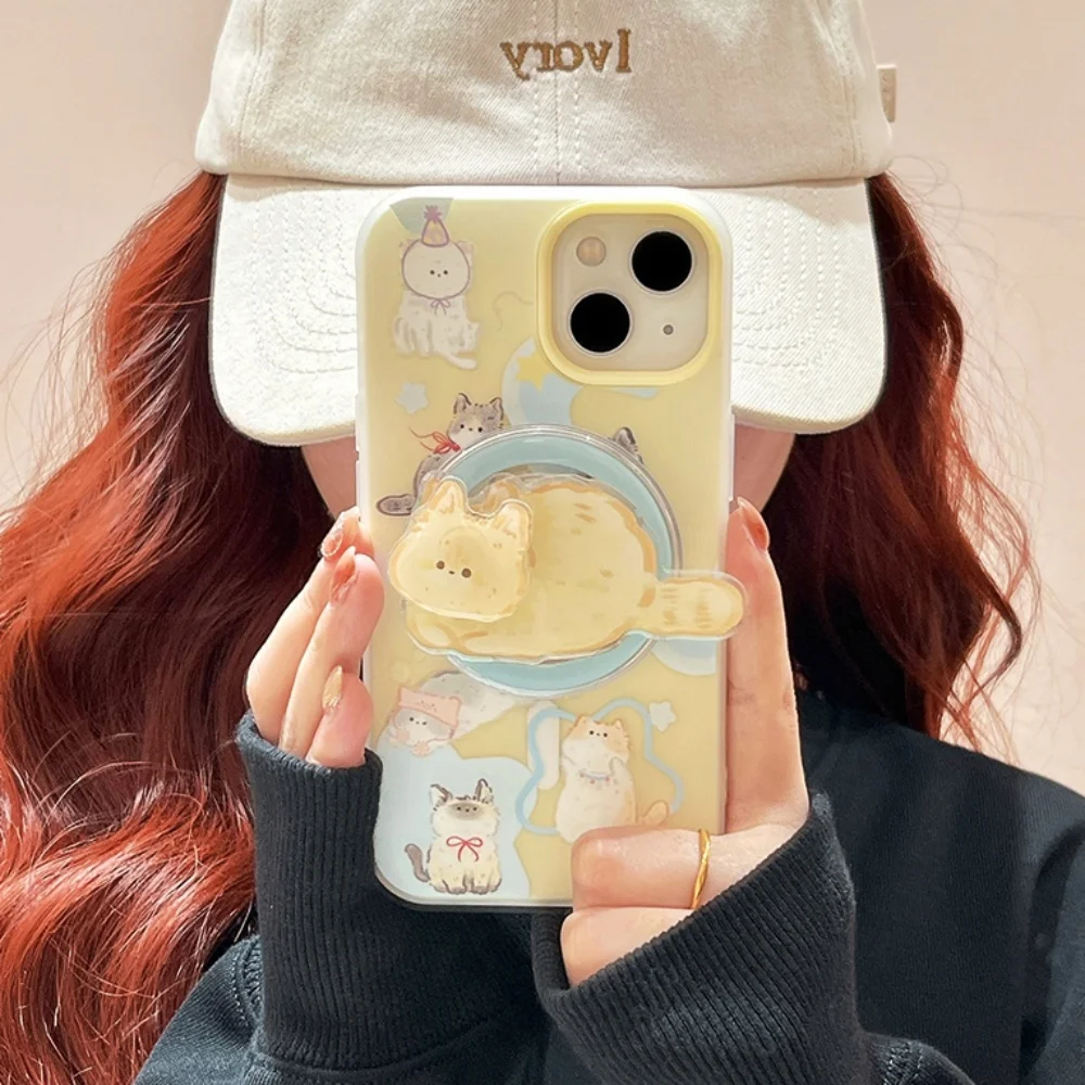 

Korean Cartoon Cute Rotate Kitten Magnetic Holder Phone Stand Grip Tok GripTok Support For iPhone 15 For Magsafe Accessorie