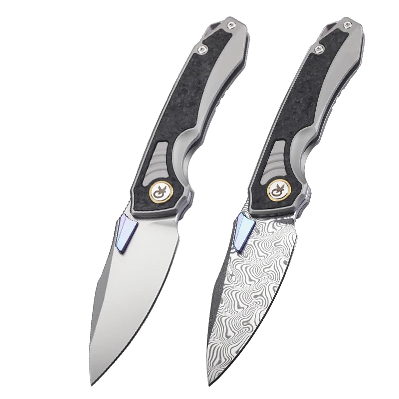 14C28N and Damascus Steel TC4 Titanium Alloy Carbon Fiber Inlaid Handle Hunting Folding Knife Portable EDC Cutting Tool