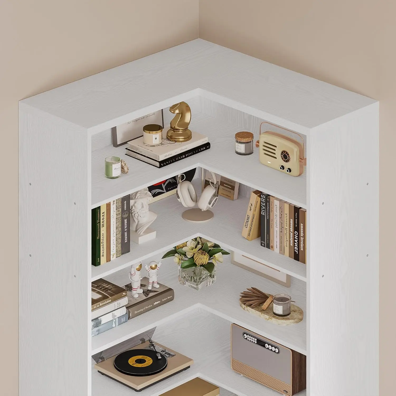 رف كتب زاوية مقاس 81 بوصة من IRONCK مع باب، أرفف كتب من 6 طبقات مع رف تخزين، خزانة كتب طويلة لغرفة المعيشة، مكتب، أبيض