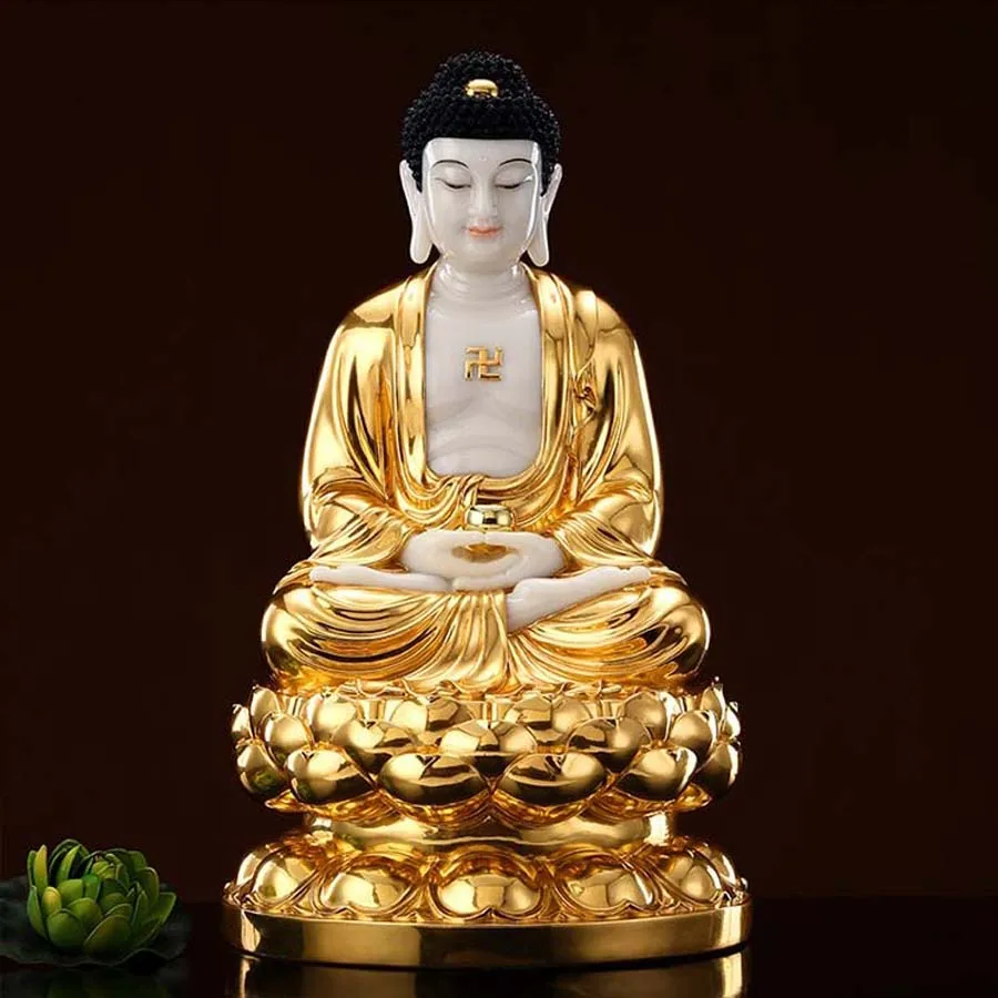 Buddhism figure gilding jade Amitabha Sakyamuni Buddha statue Asia family bless safe Propitious Prosperity