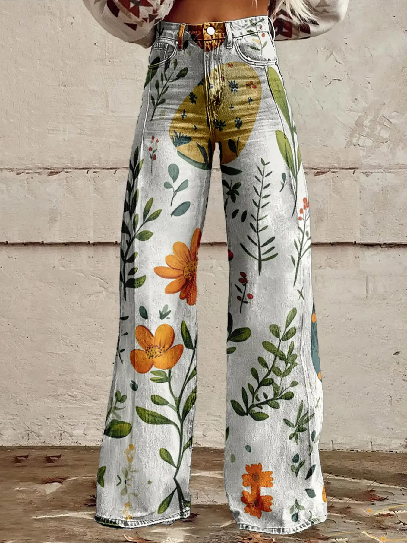 جينز نسائي مقلد مطبوع مع سراويل واسعة عالية الخصر، ملابس خارجية للربيع والخريف قابلة للغسل في الغسالة