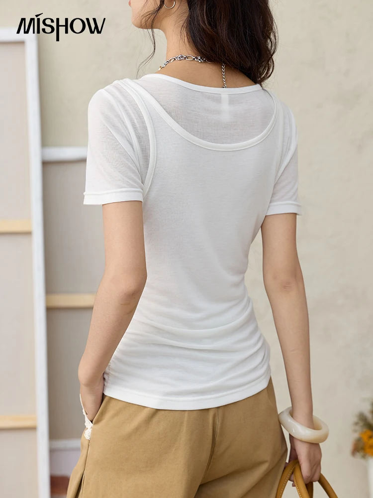 MISHOW White Fake Two Piece Bead Embroidered T-shirt for Women 2025 100 Cotton Tees Round Neck Knitted Breathable Top MXE35T0566