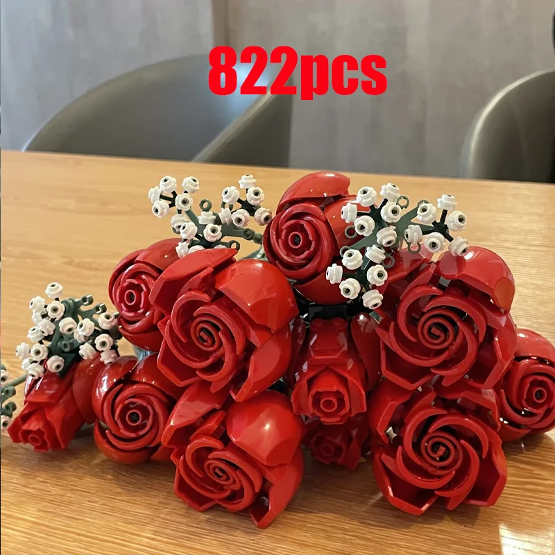 Blocs de construction de Bouquet, 822 pièces, fleur de Rose romantique créative, décoration de plante de bureau à domicile, briques à assembler, jouets, cadeau pour anniversaire